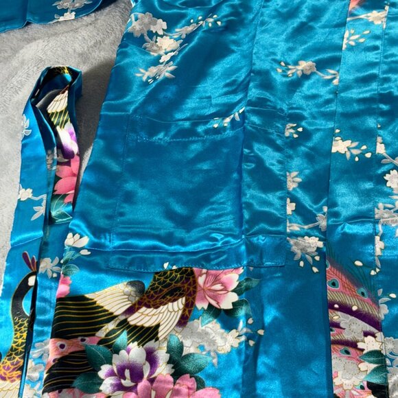 Zhong Sang Kimono Women's Large Long Blue Peacock & Floral Print Twisting Satin - Picture 6 of 11